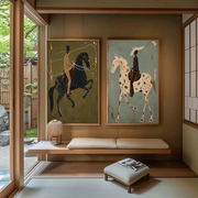 Vintage Americana Art | Olive & Sage Green Horse Rider Pair Canvas Print