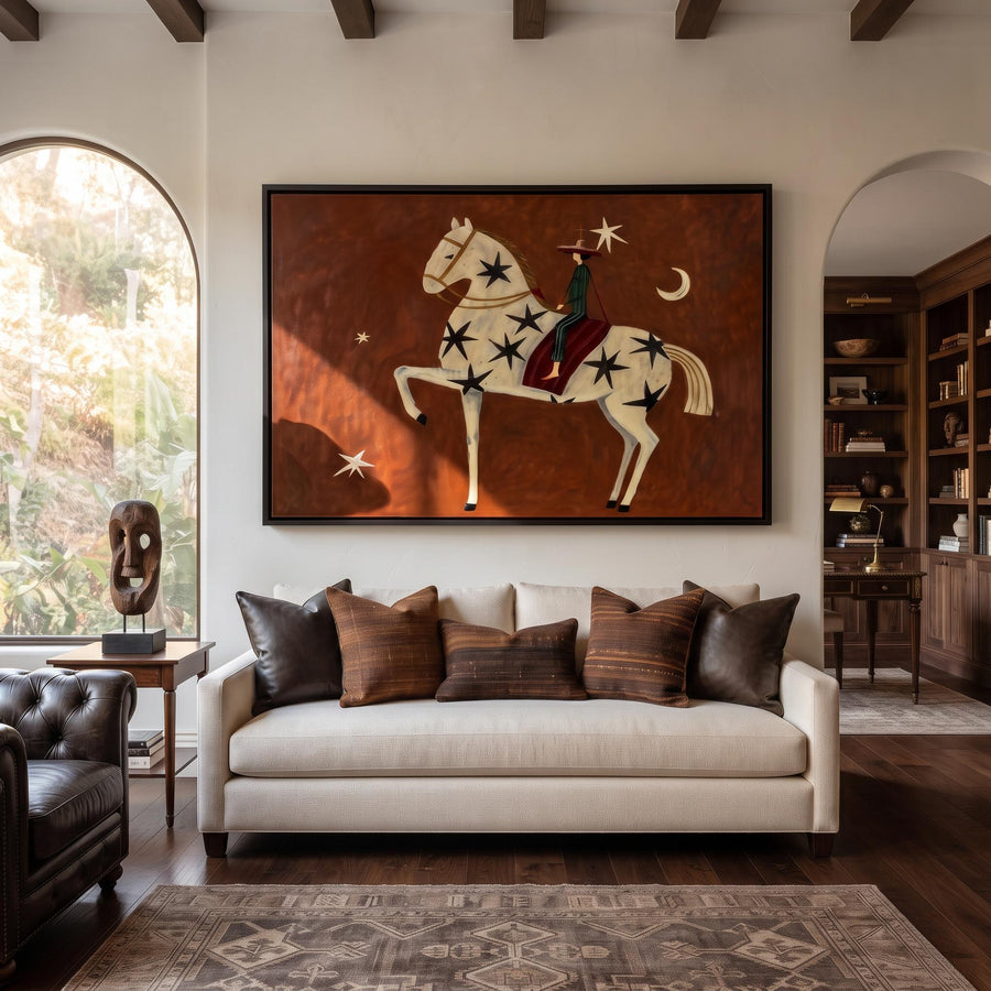 Vintage Americana Art | Rust Red Stylized Horse With Moon & Stars Canvas
