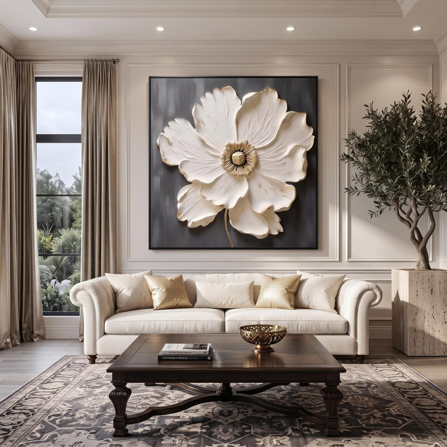 3d Textured Art | Square White‑Gold Flower Wall Art