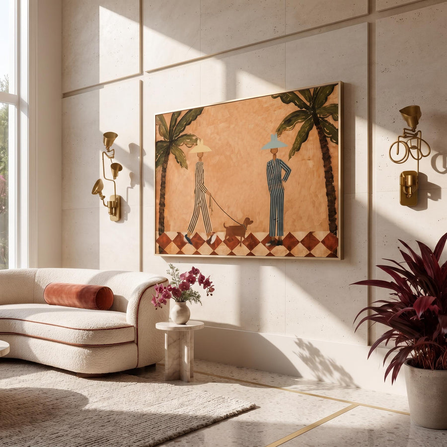 Bohemian Art | Striped Figures Walking Dog
