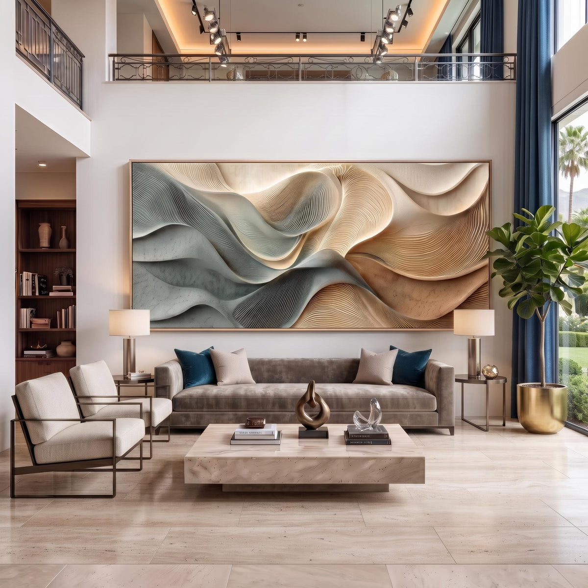 3D Texture Art｜Dusty Blue Beige Heavy‑Texture Wave Canvas Print