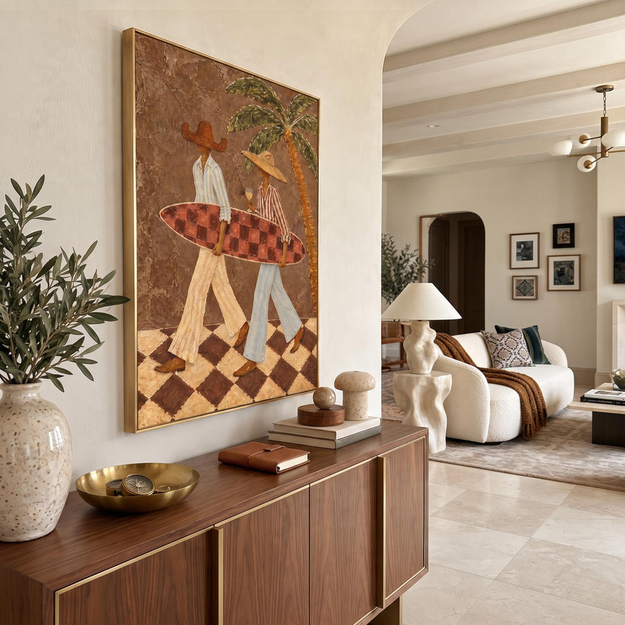 Bohemian Art | Surfer Couple with Checkered Surfboard