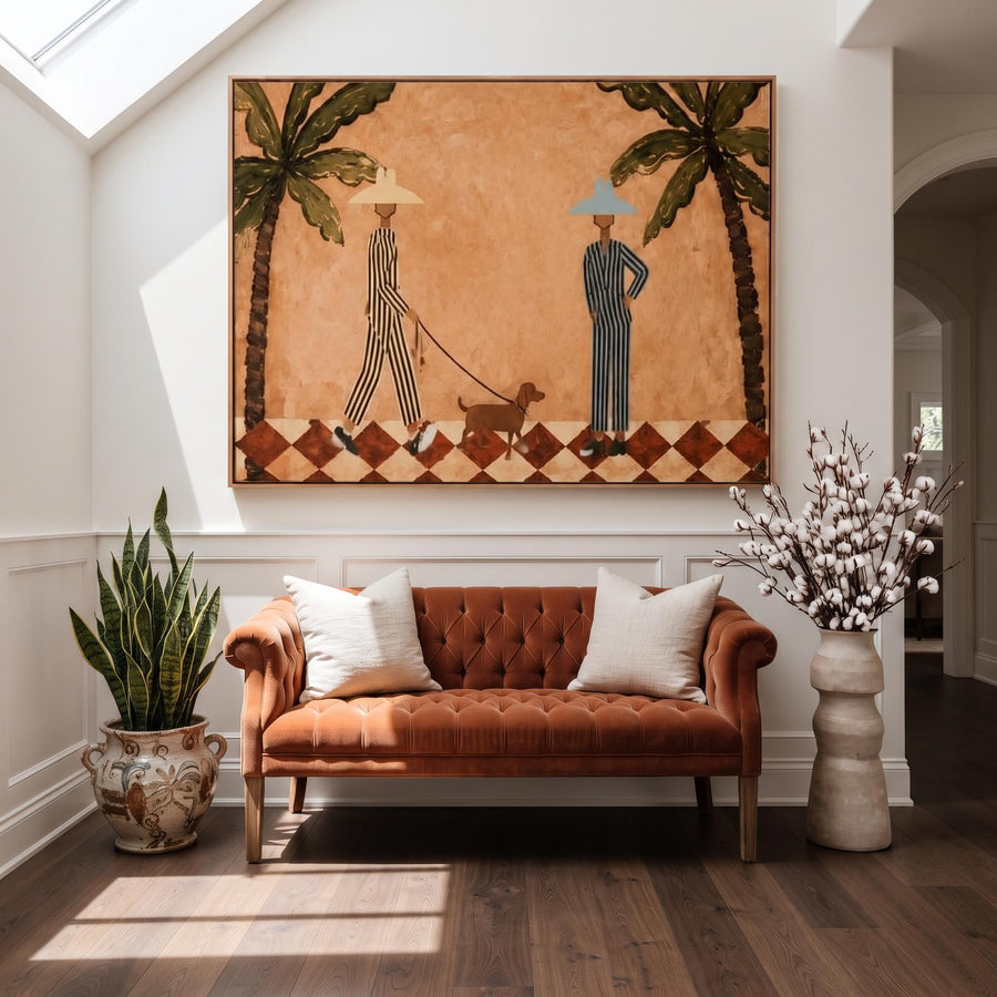 Bohemian Art | Striped Figures Walking Dog