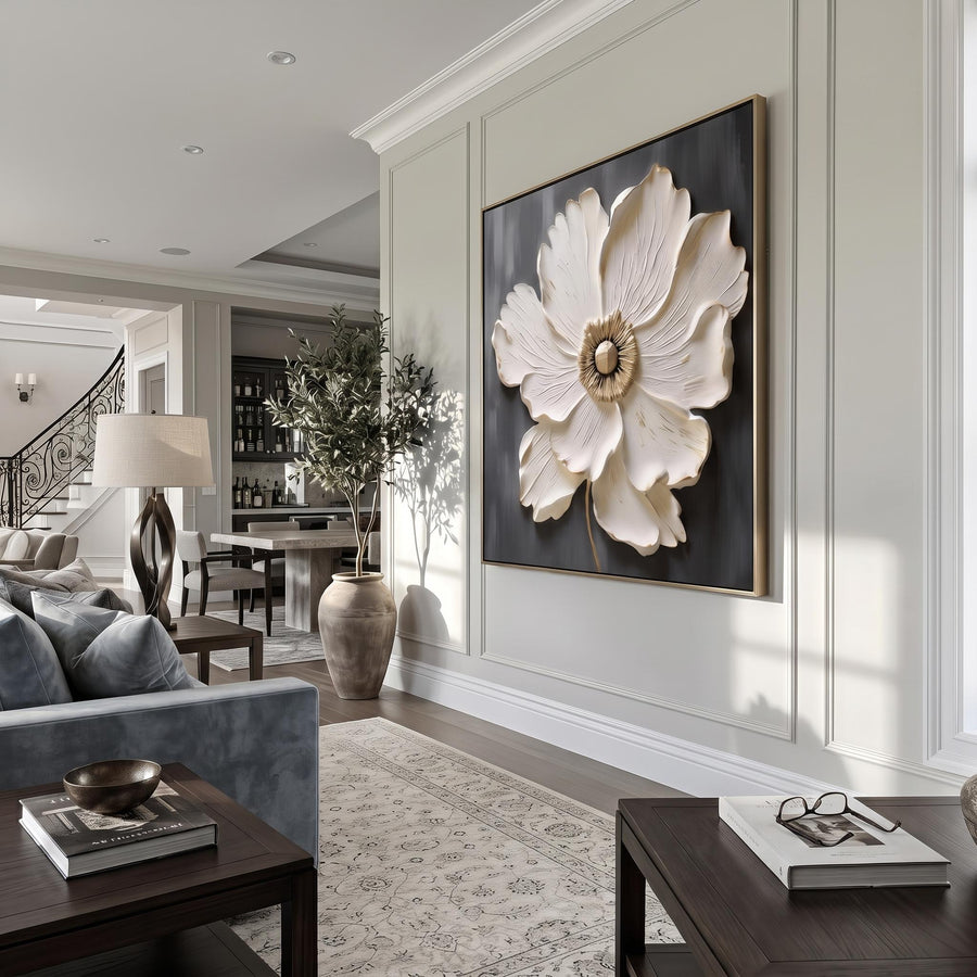 3d Textured Art | Square White‑Gold Flower Wall Art