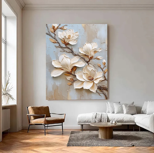 3D-Textured Art | Cream Magnolia Blooms