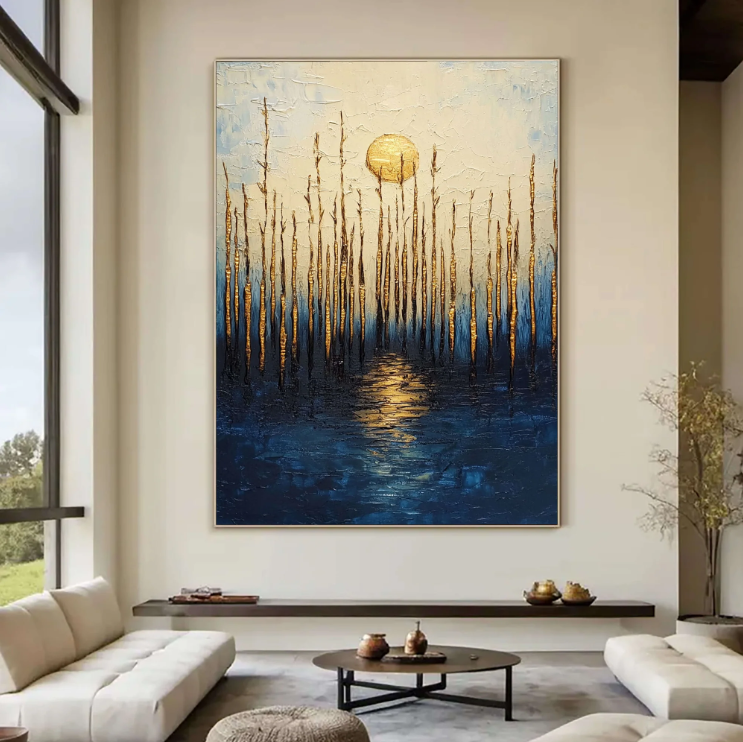 Abstract Art | Gilded Moonlit Reed Reflection