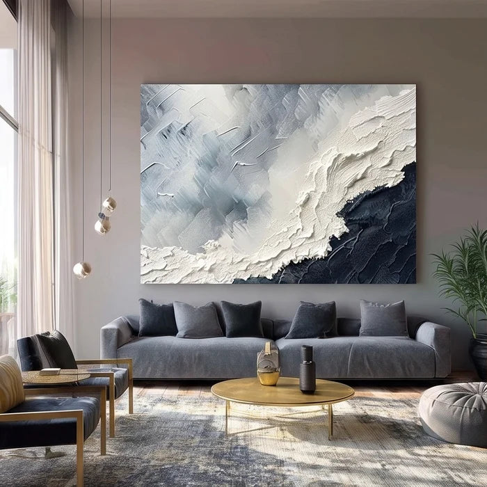 3D-Textured Art | Textured Navy and White Abstract Wall Art